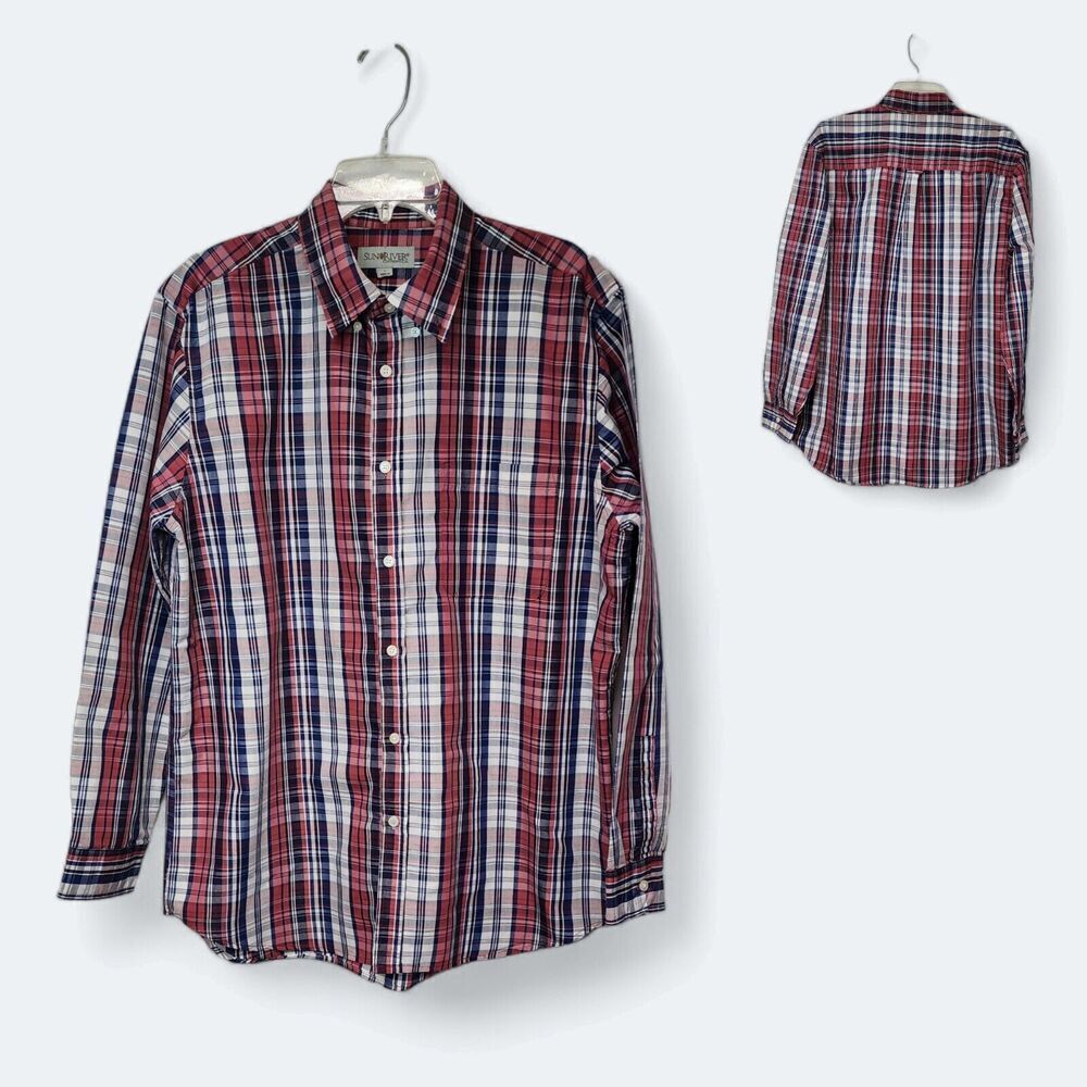 Sun River Red Blue plaid Long Sleeve Button Down Shirt Size Large
